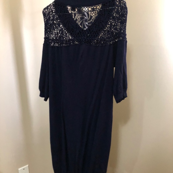 Long Navy Blue Sweater Dress-  lacy/crochet detail (large) - Picture 4 of 7